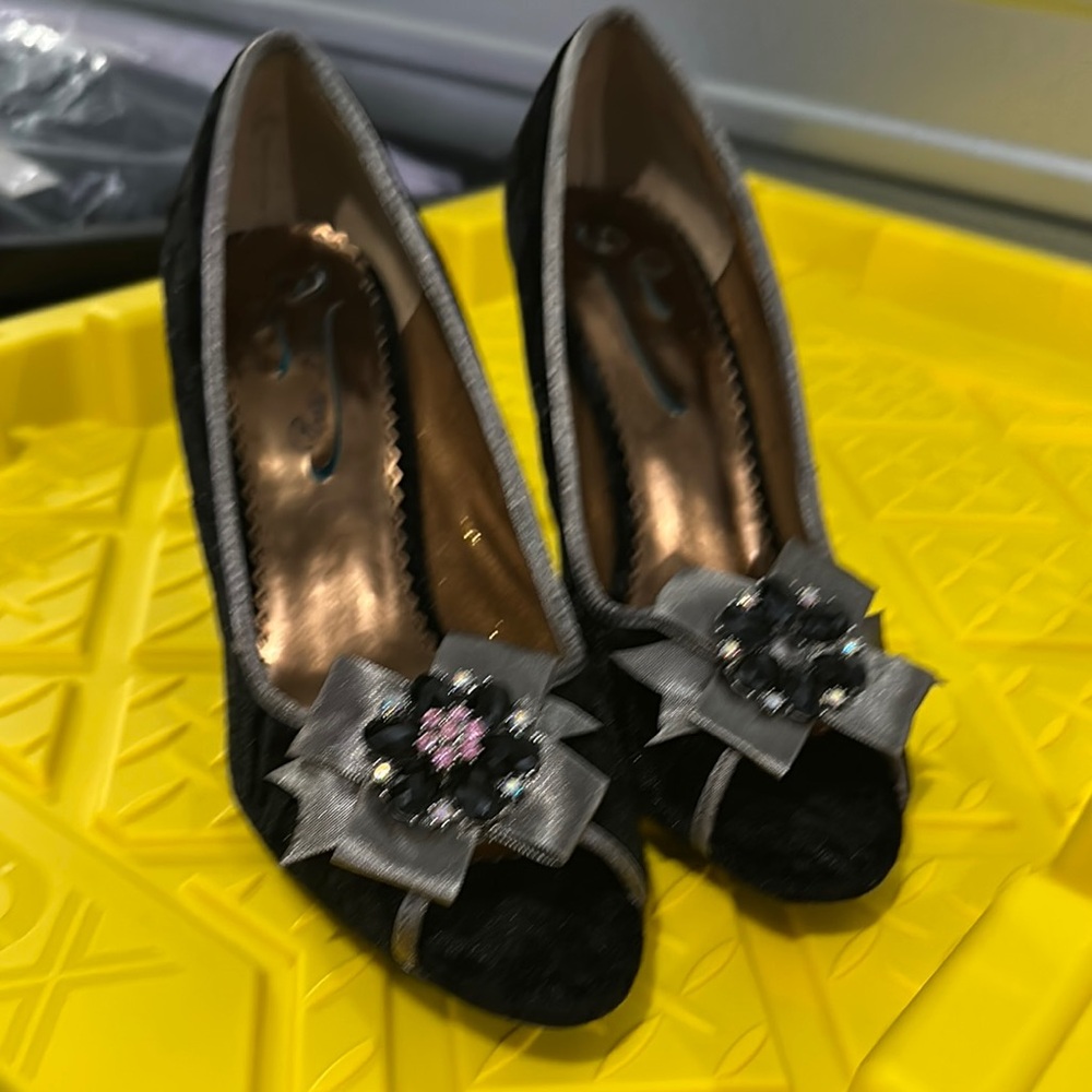Poetic License Black Heels with Silver Bow
